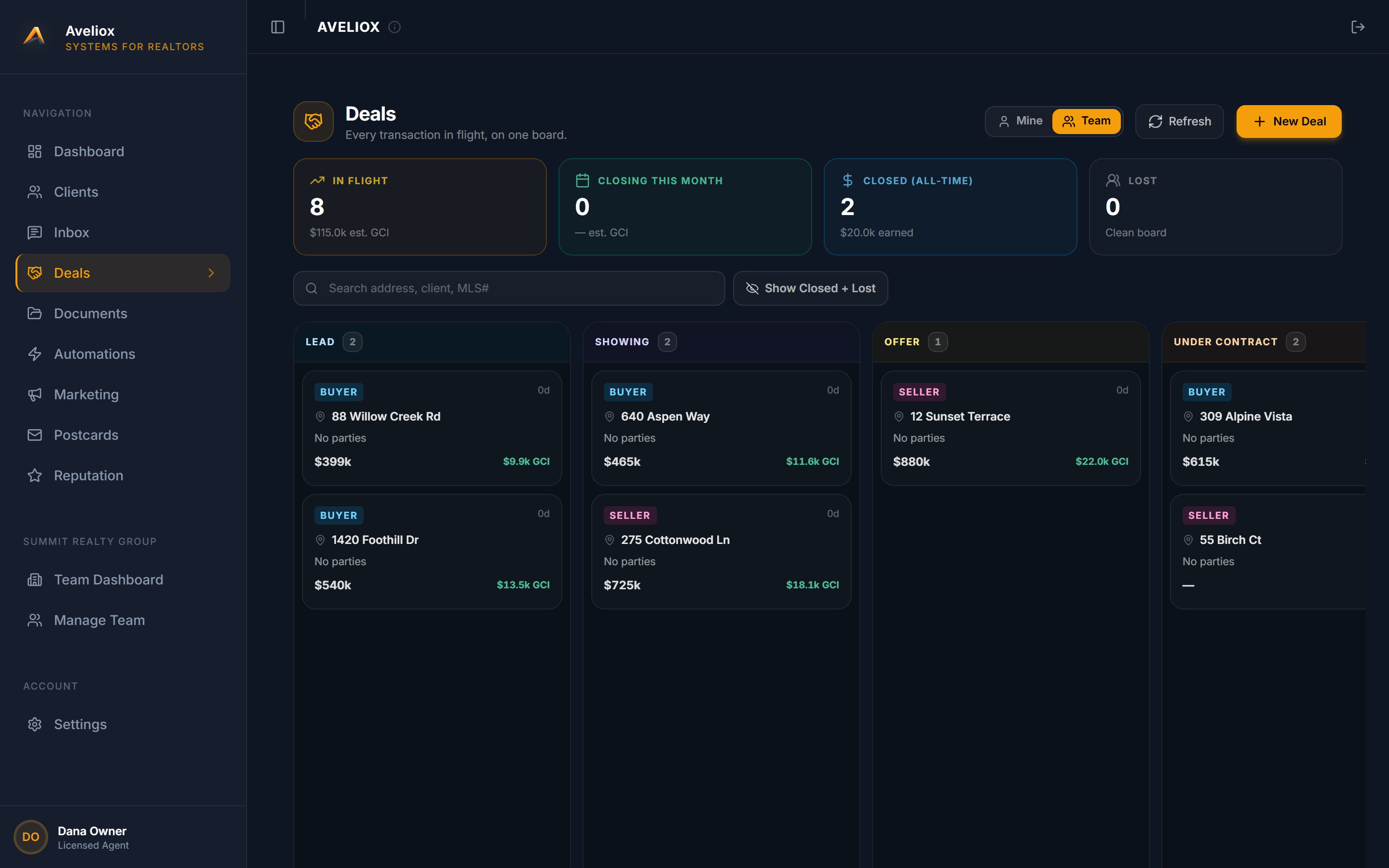 Transaction pipeline — every deal from lead to close on one board