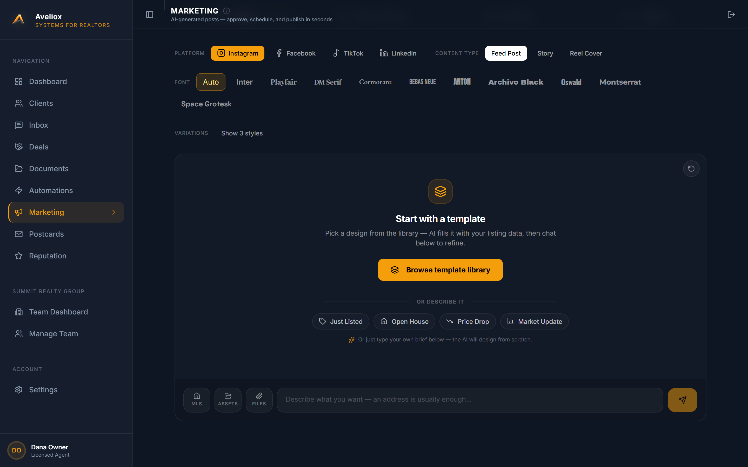 AI marketing studio — designed listing posts filled with your real data